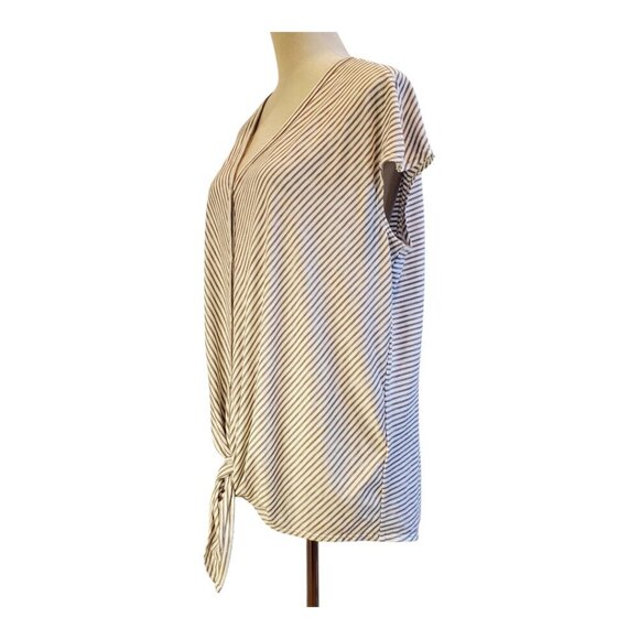MAX STUDIO SZ 2X Womens Taupe & White Striped Knot Front Button Up Stretch Top - Picture 4 of 8